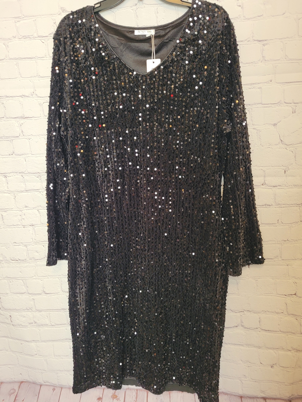 IN'VOLAND Womens 18W Black Sequin V Neck Long Sleeve Party Cocktail Midi Dress